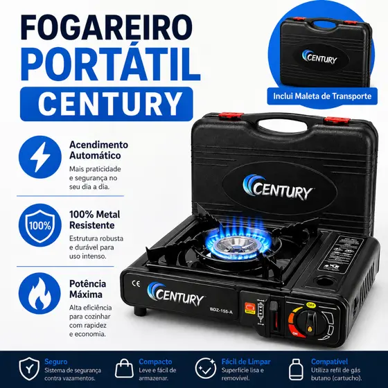 Fogareiro Portátil Century com Maleta - Fogão Queimador para Pesca Camping Caminhão Náutico Viagem