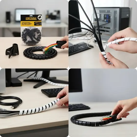 Organizador de Fios e Cabos com Aplicador de Mesa Home Office Casa Escritório Manutenção Bagunça Espiral 20mm  2m e 1m
