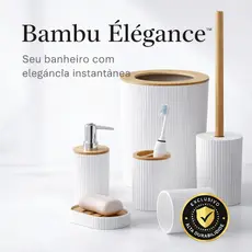 Kit Acessórios Para Banheiro 6 Peças Bambu Completo Organizador Com Lixeira E Escova Sanitária