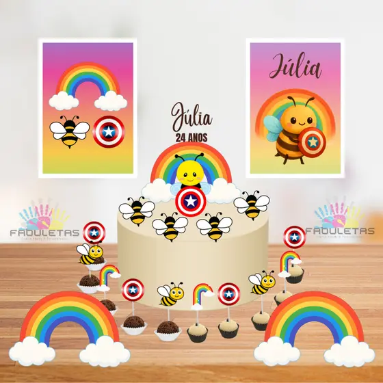 Kit Festa Só Um Bolinho ABELHINHA CAPITÃO AMÉRICA ARCO ÍRIS Enviar Nome/Idade IMEDIATAMENTE