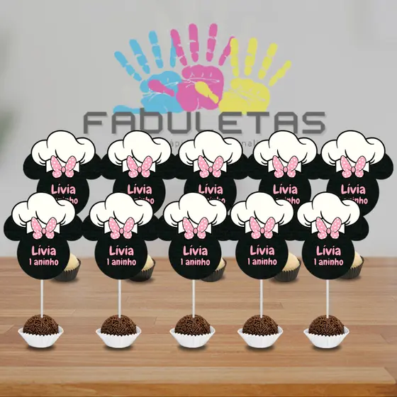 50 Tags Topo para Docinho de Festa MINNIE CONFEITEIRA (Fazemos todos os temas, consulte via chat)