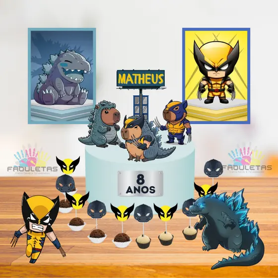 Kit Festa Só Um Bolinho CAPIVARA GODZILLA WOLVERINE Enviar Nome/Idade IMEDIATAMENTE