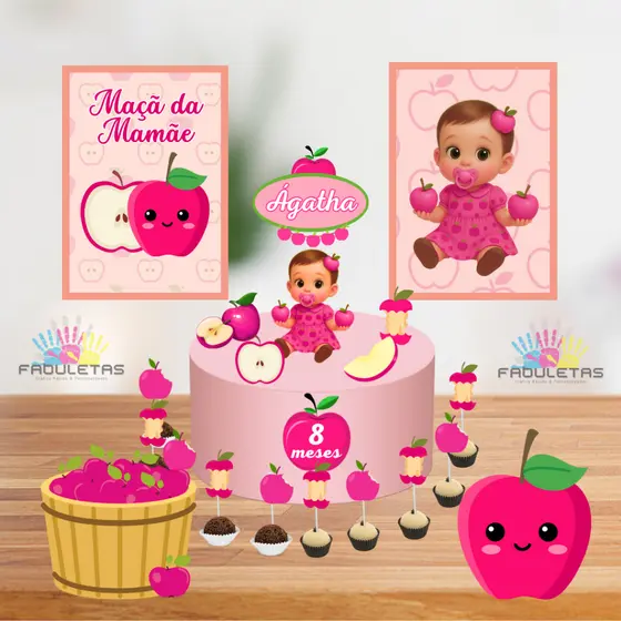 Kit Festa Só Um Bolinho FRUTA MAÇÃ ROSA Enviar Nome/Idade IMEDIATAMENTE