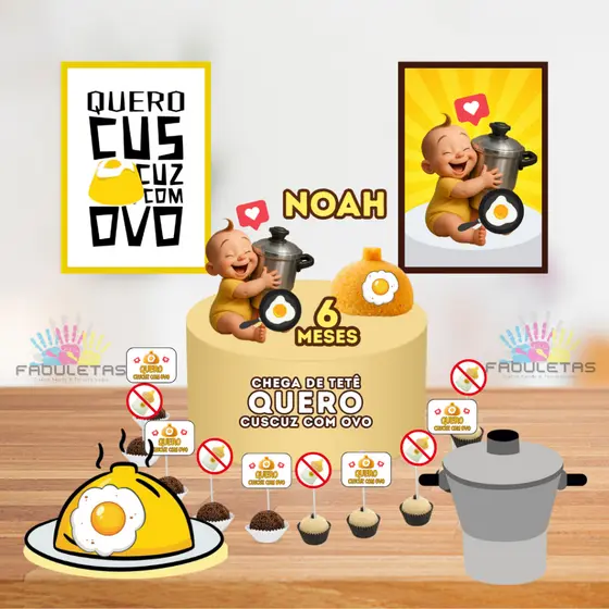 Kit Festa Só Um Bolinho CHEGA DE TETÊ QUERO CUSCUZ  Enviar Nome/Idade IMEDIATAMENTE