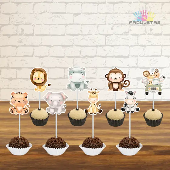 50 Tags Toppers P/ Docinho para festa SAFARI AQUARELA (Fazemos todos os temas, consulte via chat)