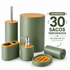 Kit Banheiro Lavabo 5 Peças Completo Lixeira Tampa Bambu Dispenser Porta Sabonete Saboneteira Escova