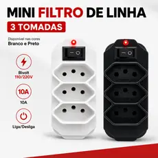 Mini Filtro de Linha 3 Tomadas Benjamin 10A Bivolt 110/220V Adaptador 3 Pinos Com Interruptor