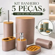KIT Acessórios de Banheiro Lavabo de Bambu Conjunto Completo Lixeira Saboneteira Escova Decoração