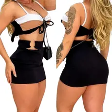 Conjunto Argolinha Mini Saia com Shortinho e Cropped Tamanho único Tecido Anarruga
