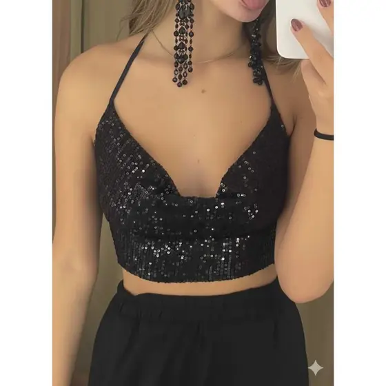Cropped Halter Neck Brilho Paetês Costas Nua Carnaval