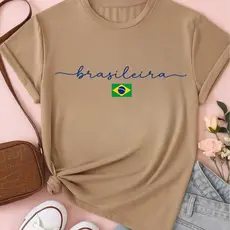 Camiseta Feminina Brasileira Copa Brasil 100% Algodão Estampa Minimalista Casual Confortável Simples 2026 Plus