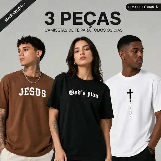 Kit 3 peças Camisetas Unissex 100% algodão  Fé em Jesus e streetwear Simples e versátil Oferta de novidade Religiosa
