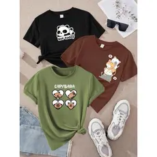 Kit com 3 blusas cabypara panda gatinho tendencia verde branca e preto 100% algodão