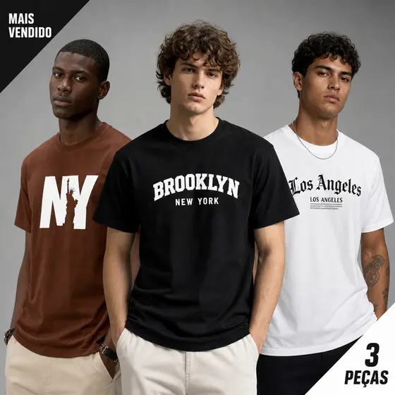 Kit 3 Camisetas Masculinas 100% Algodão Estilo Americano Versátil Promoção Stretwear