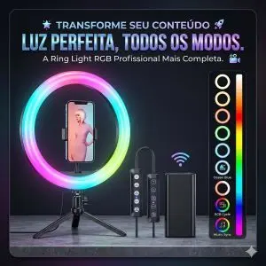 Ring Light RGB Profissional 10" com Tripé 2,1m e Suporte para Celular | TikTok, YouTube, Lives e Selfies