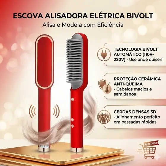 Escova Alisadora de Cabelo Elétrica Bivolt | Prancha Escova Modeladora Profissional Anti Frizz