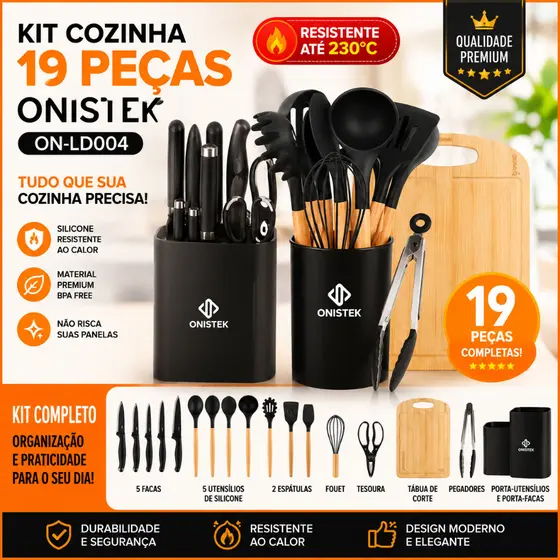 Jogo de Utensílios de Cozinha 19 Peças com Material Resistente ao Calor ONISTEK