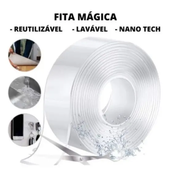 Fita Dupla Face 5M Extra Forte NanoGel Transparente, Reutilizável, Adesiva Mágica de Silicone