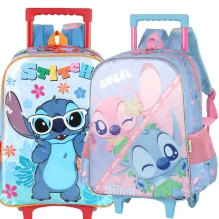 Kit Mochila Escolar Stitch - Mochila de Rodinha 2 Compartimentos, Lancheira Térmica, Estojo Duplo - Luxcel