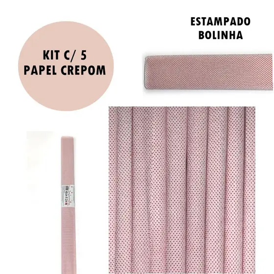 KIT 5 PAPEL CREPOM ESTAMPADO C/ BOLINHA ROLO 48cmx2 metros CADA