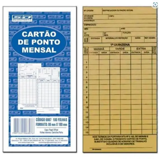 CARTÃO DE PONTO MENSAL 100 FOLHAS 86mmx180mm