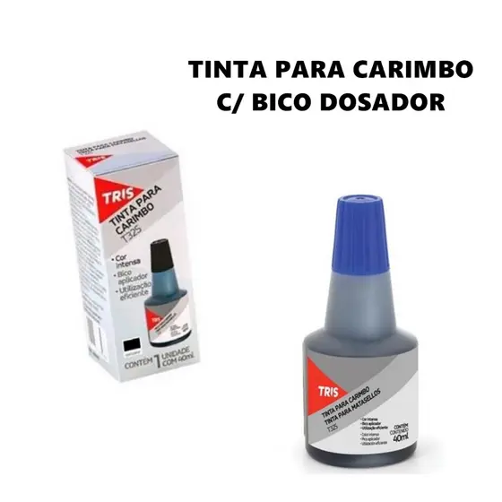 Tinta Para Carimbo 40ml Tris Com Bico Dosador Não Borra Secagem Rápida Preta/Azul Escritório