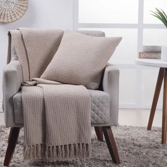 Manta Decorativa Para Sofá Boho Favo de Mel Bege