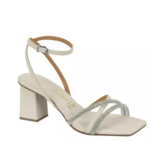 Sandália Vizzano Feminina Branco Off Strass  Brilhante Salto  Bloco  Confortável  Elegância e Estilo