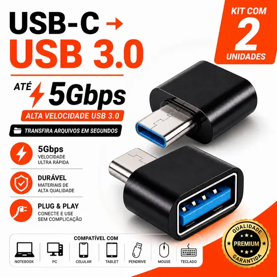 Kit 2 Adaptador USB-C para USB 3.0 OTG 5Gbps Pendrive Mouse Teclado HD Notebook MacBook Android iPhone 15