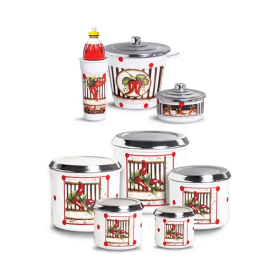 Kit 8 Peças Alumínio Decorado Decoupage com Latas Porta Detergente Esponja e Lixeira