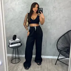 Calça Pantalona Plissado Day Elegante Macio Brilhoso - D1