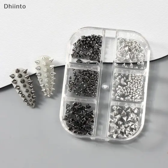 [Dhiint] 6 Grades Y2K Punk Metal Rebite Prego Encantos Cone Tamanho Misto Prata Nail Art Studs 3D Elegante Liga Spike Pa
