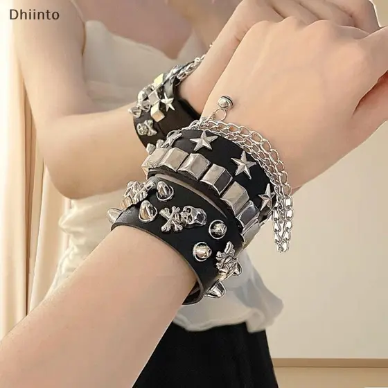 [Dhiint] Punk Gótico Crânio Pulseira Correntes Metal Picos Rebite Couro Do Plutônio Manguito De Punho Largo Feminino Mas
