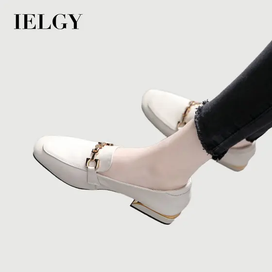 IELGY Mocassins Femininos De Couro Macio Com Bico Quadrado E Salto Bloco Plano Britânico