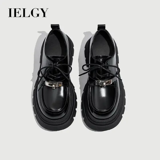 IELGY 2025 Outono De Sola Grossa De Couro Preto Feminino Com Cadarço Estilo Britânico Mocassins Versáteis