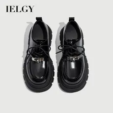 IELGY 2025 Outono De Sola Grossa De Couro Preto Feminino Com Cadarço Estilo Britânico Mocassins Versáteis