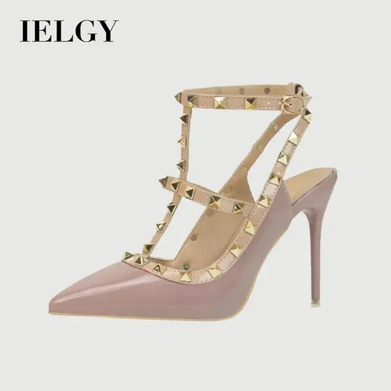 IELGY Salto Alto De Couro Envernizado 10 Cm stiletto Cor Sólida Tachas Ocas Sandálias Romanas Femininas