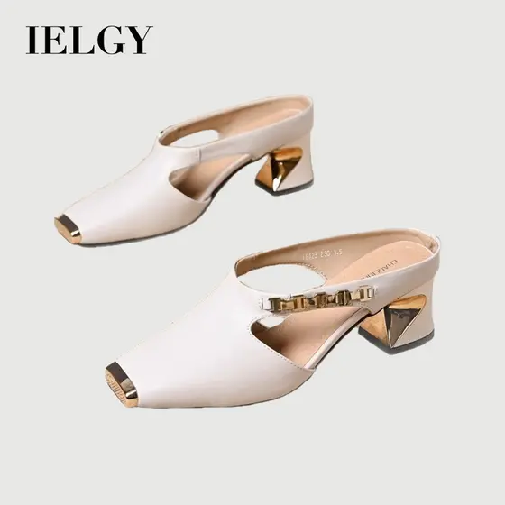 IELGY Chinelos Franceses Femininos De Couro Macio Com Bico Quadrado E Mules Planas Vintage