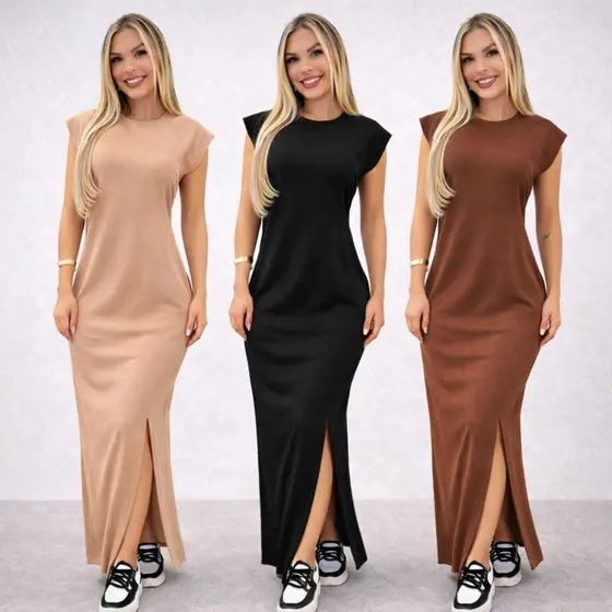 Canelado Ribaninha Vestido longo casual basico feminino ribana canelada manga muscle moda gringa preto marrom
