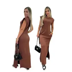 Ribaninha Vestido longo casual basico feminino ribana canelada manga muscle moda gringa preto marrom