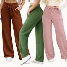 Calça pantalona de lazinho feminina cintura alta com bolso pra inverno