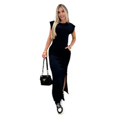 Vestido longo casual basico feminino ribana canelada manga muscle moda gringa preto marrom