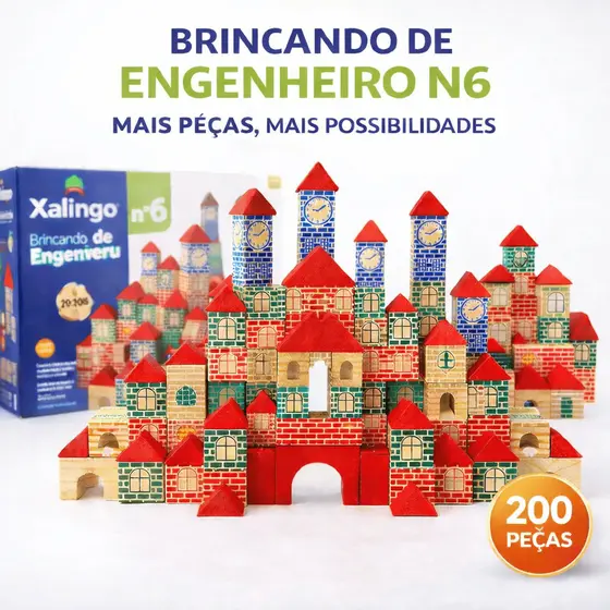 Blocos de Montar 200 Peças em Madeira Brinquedo de Engenheiro N6 Jogo Blocos