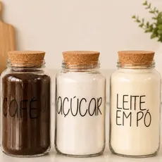 Kit Cantinho do Café - 3 Potes + Cartela Completa Letra Grande | Pote de vidro Hermético 830ml