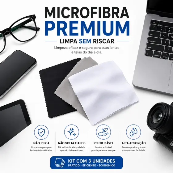 Kit 3 Flanelas Microfibra Premium Limpa Óculos Celular Notebook Sem Riscos