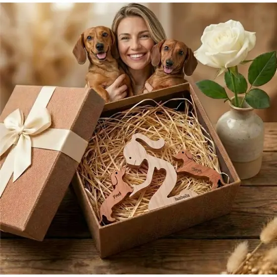 Escultura Humano e Dois Pets em Madeira MDF Presente Item Decorativo ao Cachorro ou Gato