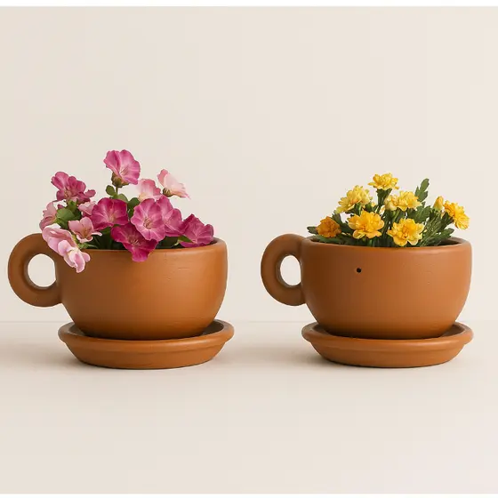 Kit 2 Xícaras Vasos De Barro Para Flores Plantas Com Prato Jardim