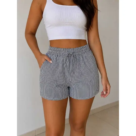 Short Feminino Duna Listrado Cintura Alta com Elástico e Cordão Casual Confortável