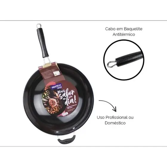Panela Wok Antiaderente Fratelli Inox Profissional Preta 34cm
