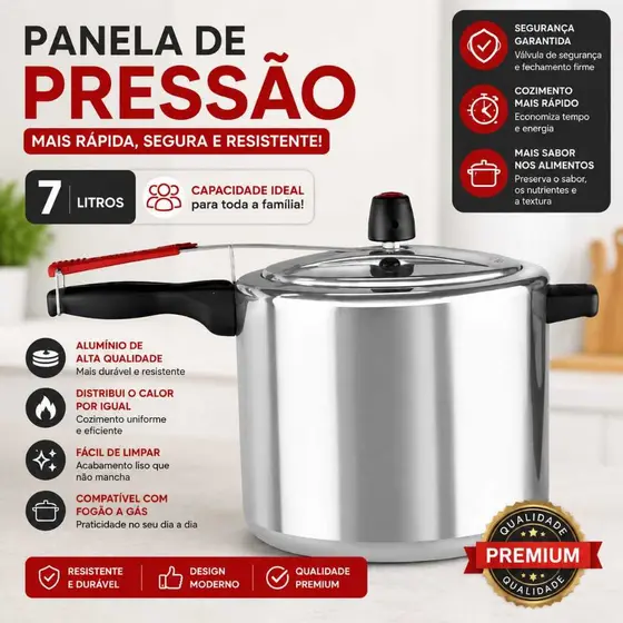 Panela de Pressão 7L Alumínio Polido Alta Resistência Cozimento Rápido